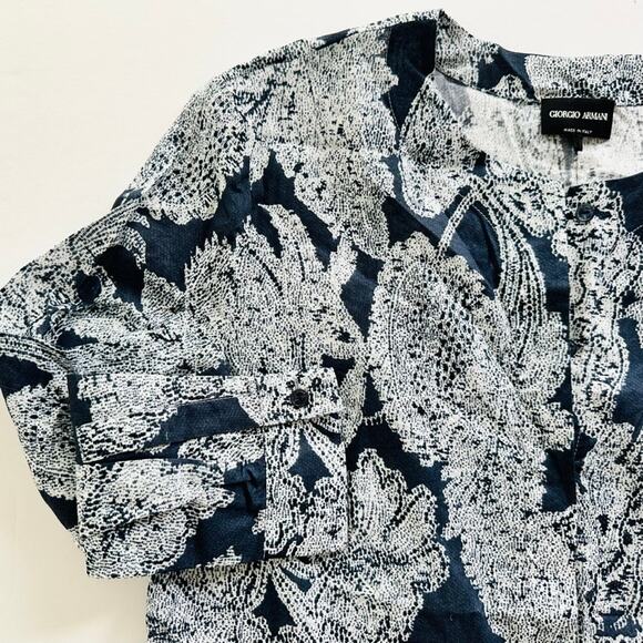 Giorgio Armani Blue Floral Print Tunic Blouse Size 44 XL Long Sleeve Cotton - Picture 7 of 15